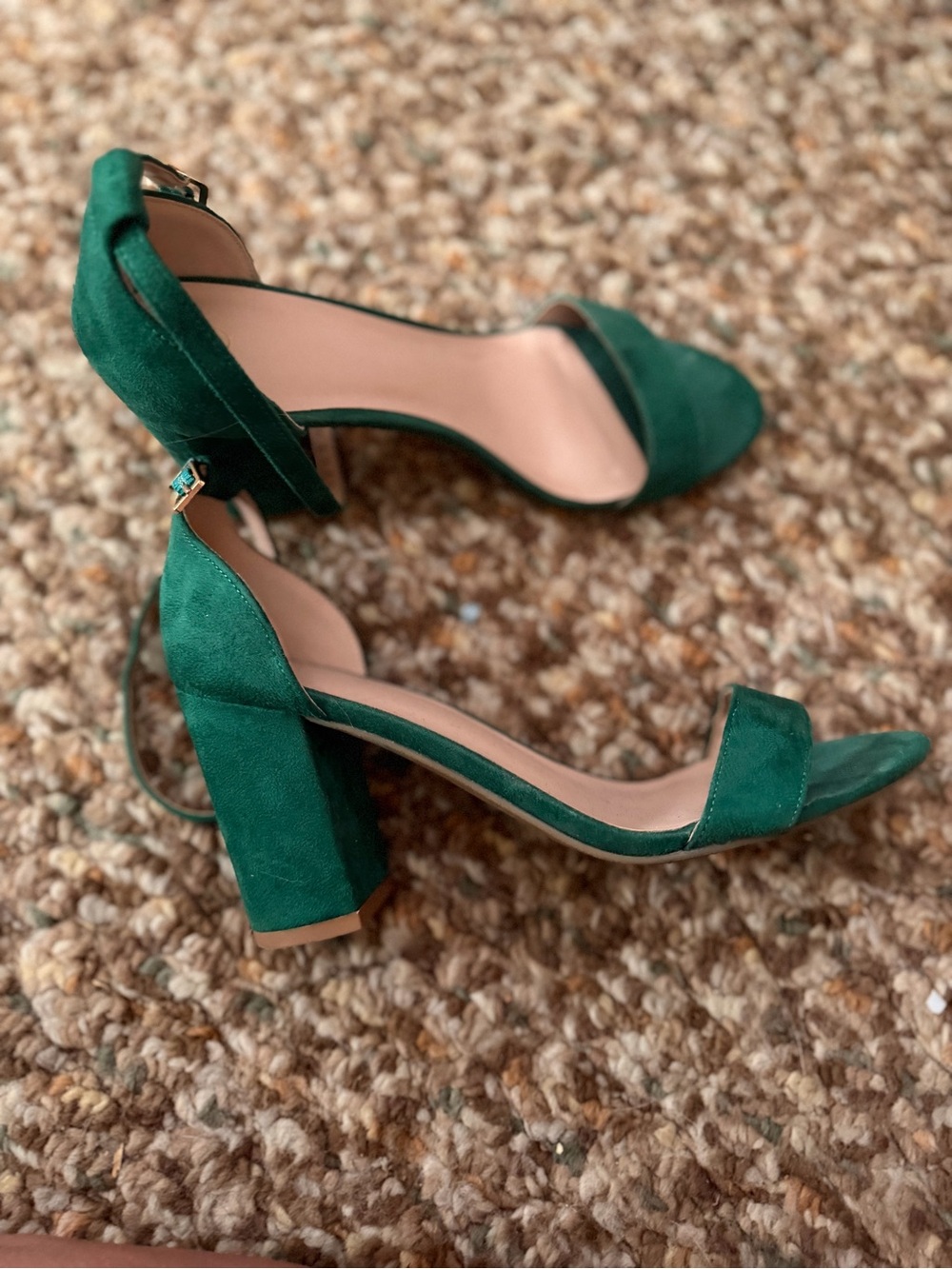 Women's Green Suede Block Heel Ankle Strap Sandals